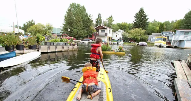 Kids on a paddle board in the lake channel